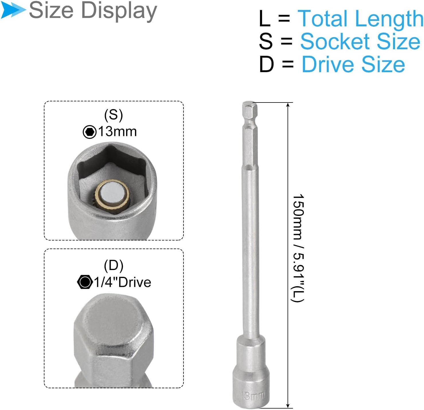 Chiave a Bussola Esagonale Magnetica 13mm, Lunghezza 150mm, Attacco 1/4", Acciaio Cr-V - immagine 2