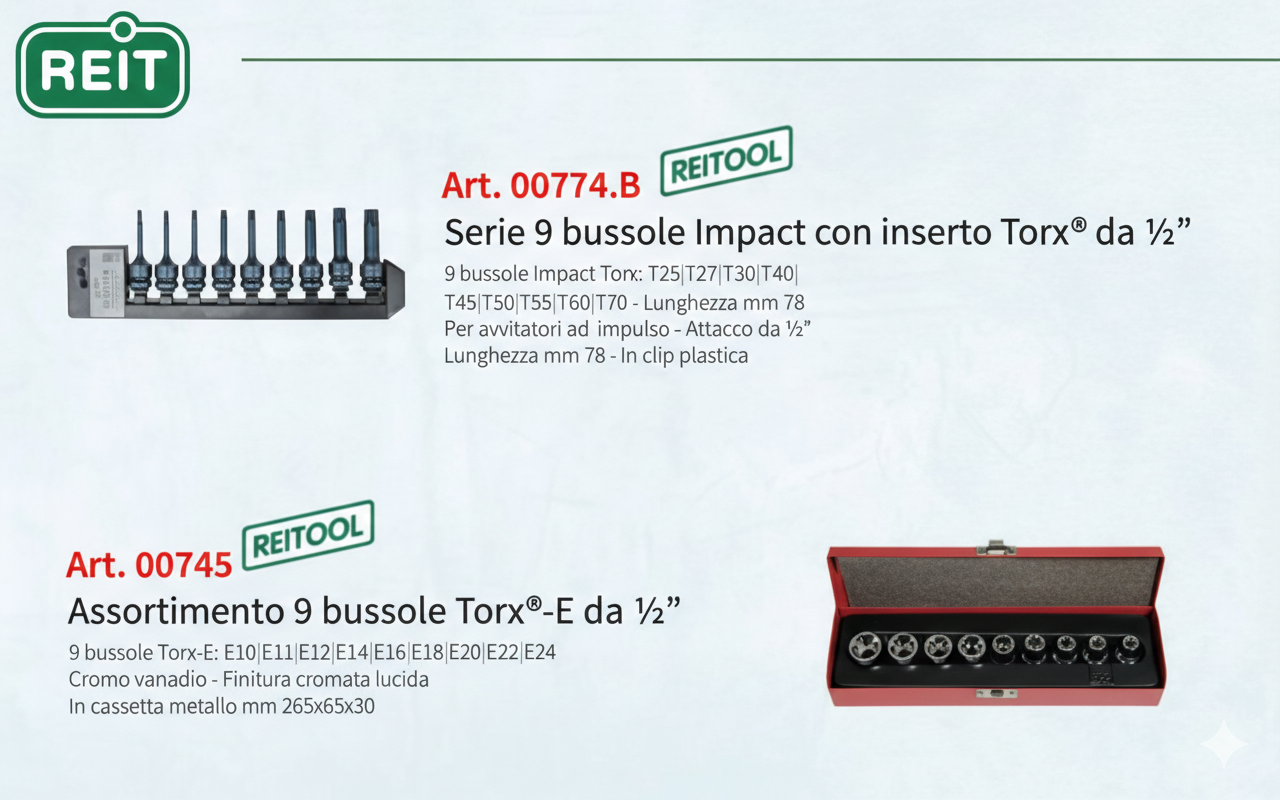 Set Bussole Torx Professionali REITOOL: Impact T25-T70 & Torx-E E10-E24 da ½”